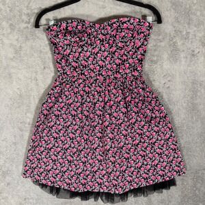 Black Poppy Strapless Floral Mini Dress Pink Purple Tulle Hem Smocked Back S Y2K